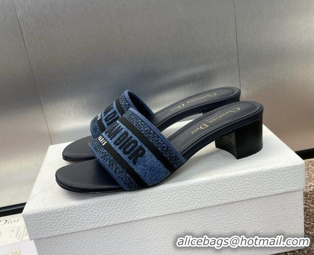 Best Product Dior Dway Heel Slides Sandal 4.5cm in Denim Blue Embroidered Cotton Dark Blue 702031