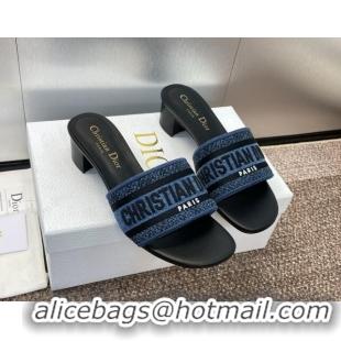 Luxurious Dior Dway Heel Slides Sandal 4.5cm in Denim Blue Embroidered Cotton Black 702032