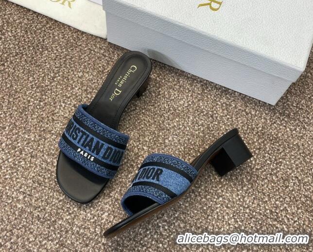 Luxurious Dior Dway Heel Slides Sandal 4.5cm in Denim Blue Embroidered Cotton Black 702032