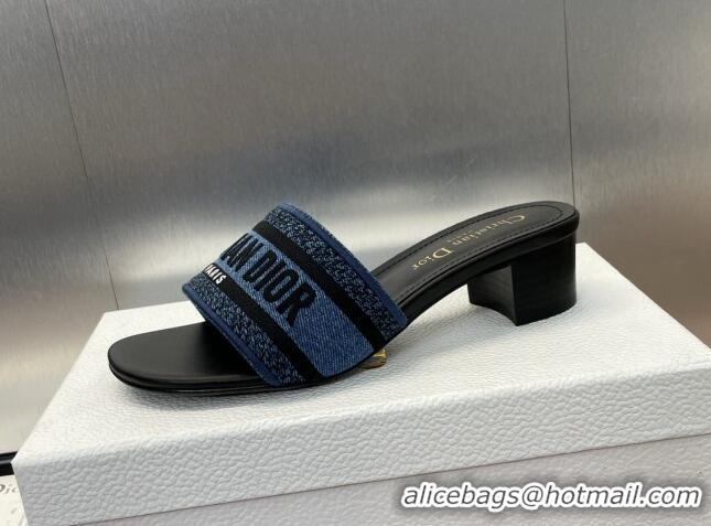 Luxurious Dior Dway Heel Slides Sandal 4.5cm in Denim Blue Embroidered Cotton Black 702032