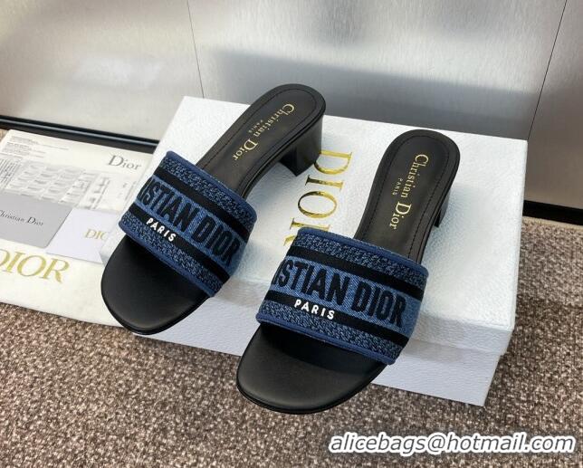 Luxurious Dior Dway Heel Slides Sandal 4.5cm in Denim Blue Embroidered Cotton Black 702032