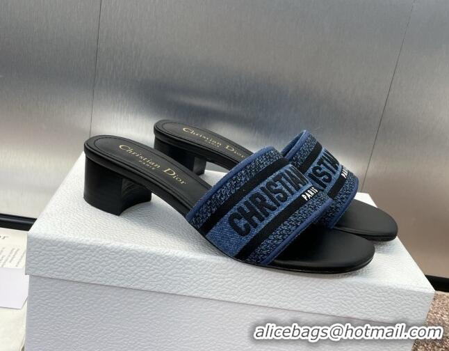 Luxurious Dior Dway Heel Slides Sandal 4.5cm in Denim Blue Embroidered Cotton Black 702032