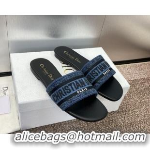 Durable Dior Dway Flat Slides Sandal in Denim Blue Embroidered Cotton Black 702033