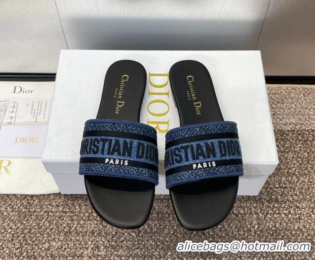 Durable Dior Dway Flat Slides Sandal in Denim Blue Embroidered Cotton Black 702033