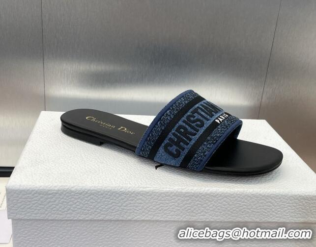 Durable Dior Dway Flat Slides Sandal in Denim Blue Embroidered Cotton Black 702033