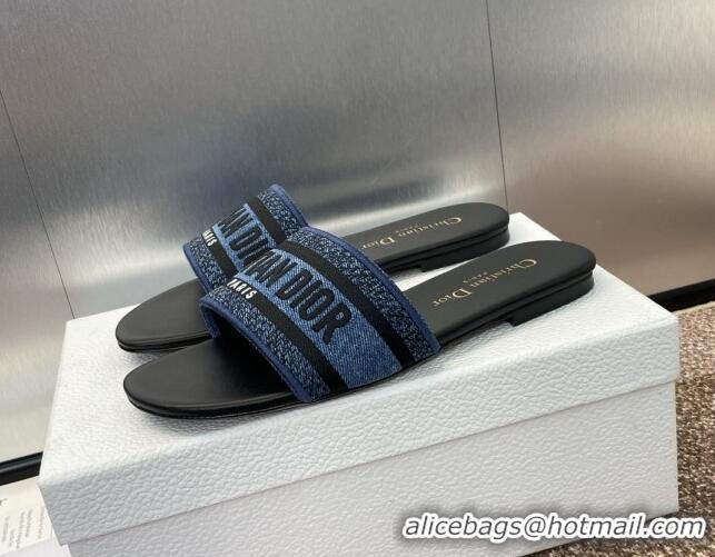 Durable Dior Dway Flat Slides Sandal in Denim Blue Embroidered Cotton Black 702033