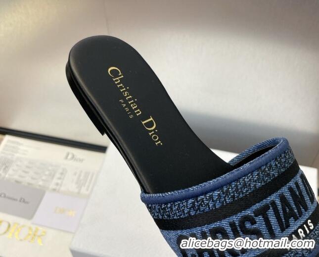 Durable Dior Dway Flat Slides Sandal in Denim Blue Embroidered Cotton Black 702033