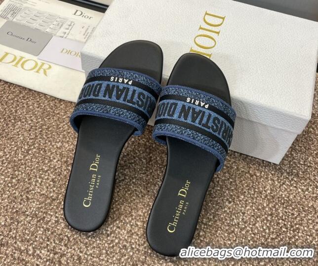 Durable Dior Dway Flat Slides Sandal in Denim Blue Embroidered Cotton Black 702033