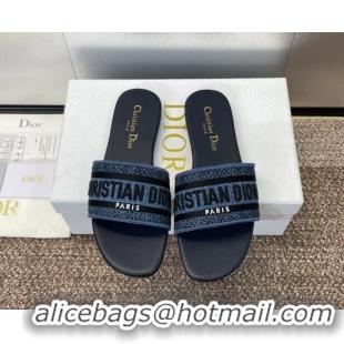 Cheap Price Dior Dway Flat Slides Sandal in Denim Blue Embroidered Cotton Dark Blue 702034