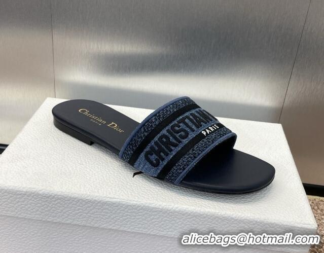 Cheap Price Dior Dway Flat Slides Sandal in Denim Blue Embroidered Cotton Dark Blue 702034