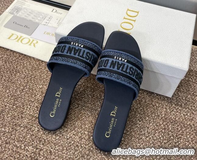 Cheap Price Dior Dway Flat Slides Sandal in Denim Blue Embroidered Cotton Dark Blue 702034