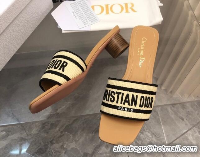 Best Grade Dior Dioriviera Dway Heel Slides Sandal 3.5cm in Raffia Straw and Embroidered Cotton Black 702035