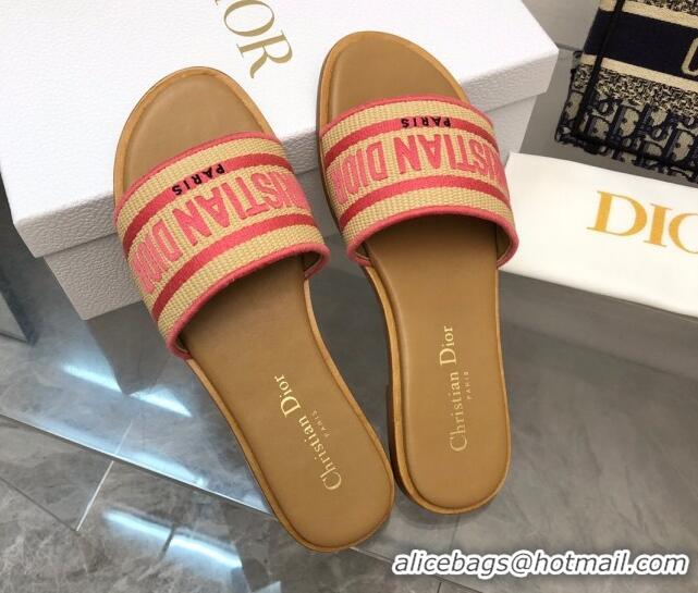 Top Grade Dior Dioriviera Dway Flat Slides Sandal in Raffia Straw and Embroidered Cotton Pink 702036