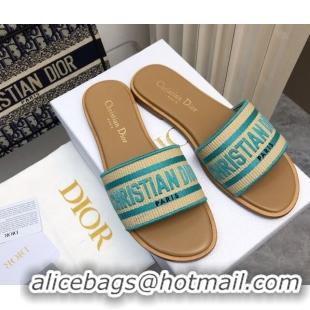 Good Looking Dior Dioriviera Dway Flat Slides Sandal in Raffia Straw and Embroidered Cotton Green 702037