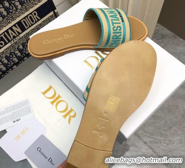 Good Looking Dior Dioriviera Dway Flat Slides Sandal in Raffia Straw and Embroidered Cotton Green 702037