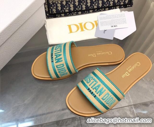 Good Looking Dior Dioriviera Dway Flat Slides Sandal in Raffia Straw and Embroidered Cotton Green 702037