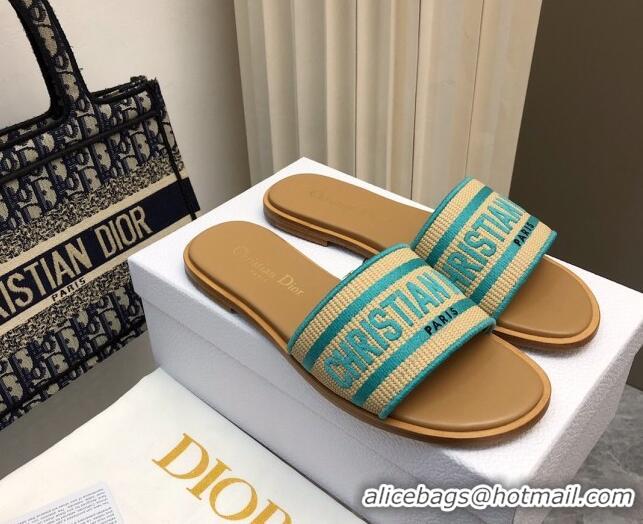 Good Looking Dior Dioriviera Dway Flat Slides Sandal in Raffia Straw and Embroidered Cotton Green 702037