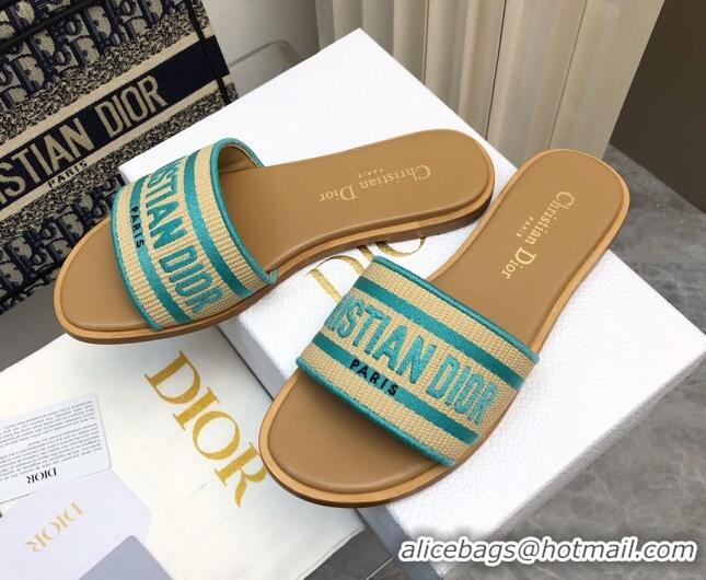 Good Looking Dior Dioriviera Dway Flat Slides Sandal in Raffia Straw and Embroidered Cotton Green 702037