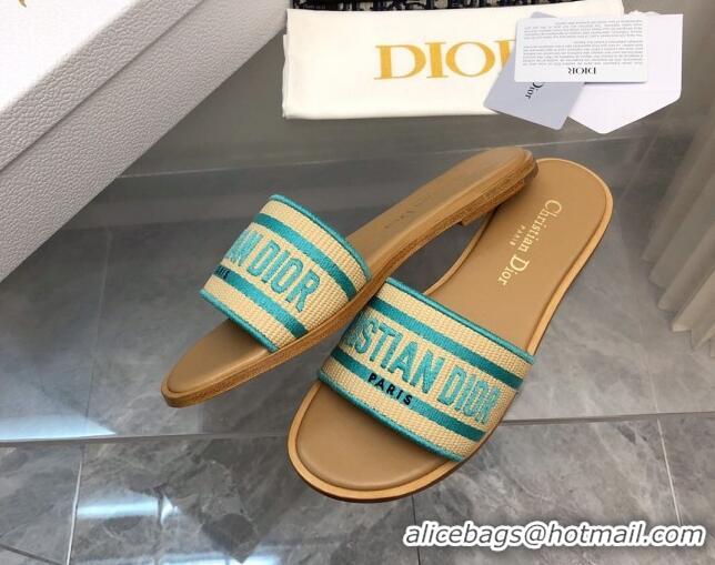 Good Looking Dior Dioriviera Dway Flat Slides Sandal in Raffia Straw and Embroidered Cotton Green 702037