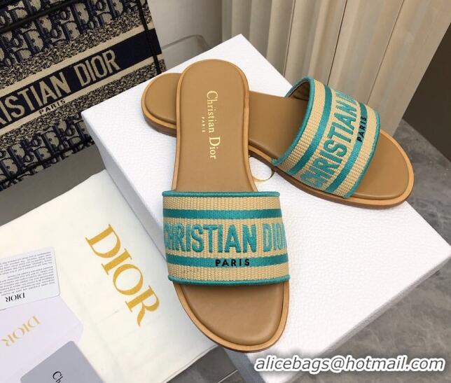 Good Looking Dior Dioriviera Dway Flat Slides Sandal in Raffia Straw and Embroidered Cotton Green 702037