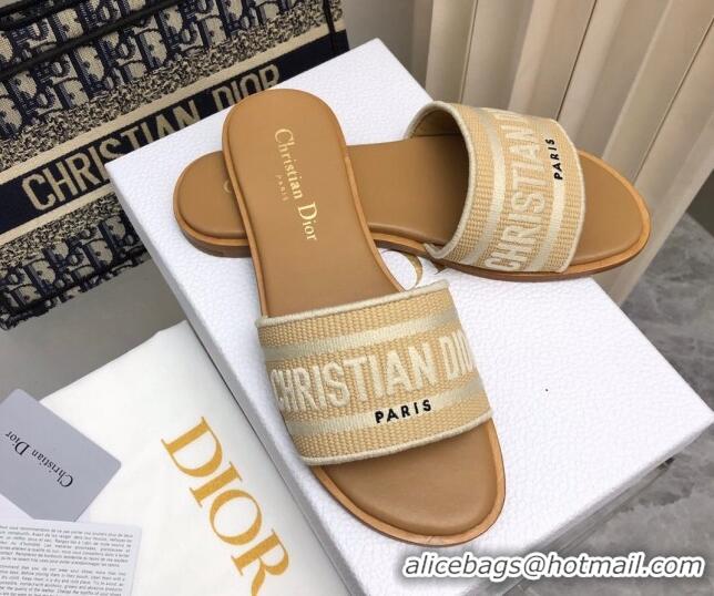 Good Quality Dior Dioriviera Dway Flat Slides Sandal in Raffia Straw and Embroidered Cotton Beige 702038