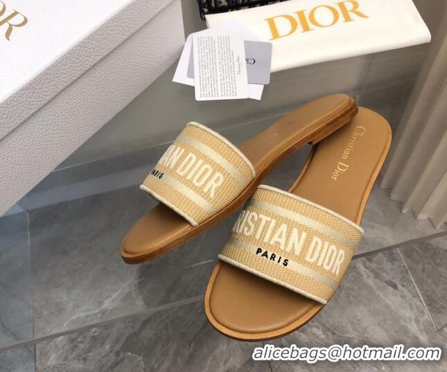 Good Quality Dior Dioriviera Dway Flat Slides Sandal in Raffia Straw and Embroidered Cotton Beige 702038