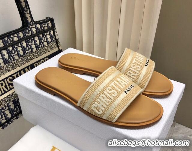 Good Quality Dior Dioriviera Dway Flat Slides Sandal in Raffia Straw and Embroidered Cotton Beige 702038