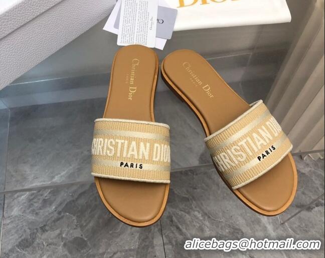 Good Quality Dior Dioriviera Dway Flat Slides Sandal in Raffia Straw and Embroidered Cotton Beige 702038