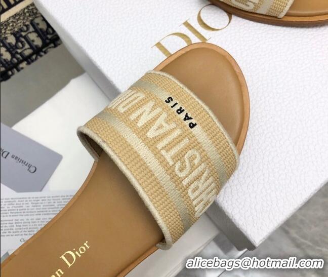 Good Quality Dior Dioriviera Dway Flat Slides Sandal in Raffia Straw and Embroidered Cotton Beige 702038