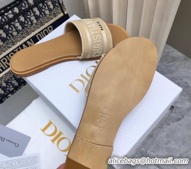 Good Quality Dior Dioriviera Dway Flat Slides Sandal in Raffia Straw and Embroidered Cotton Beige 702038