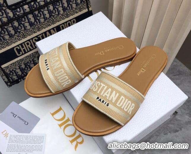 Good Quality Dior Dioriviera Dway Flat Slides Sandal in Raffia Straw and Embroidered Cotton Beige 702038