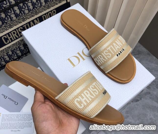 Good Quality Dior Dioriviera Dway Flat Slides Sandal in Raffia Straw and Embroidered Cotton Beige 702038