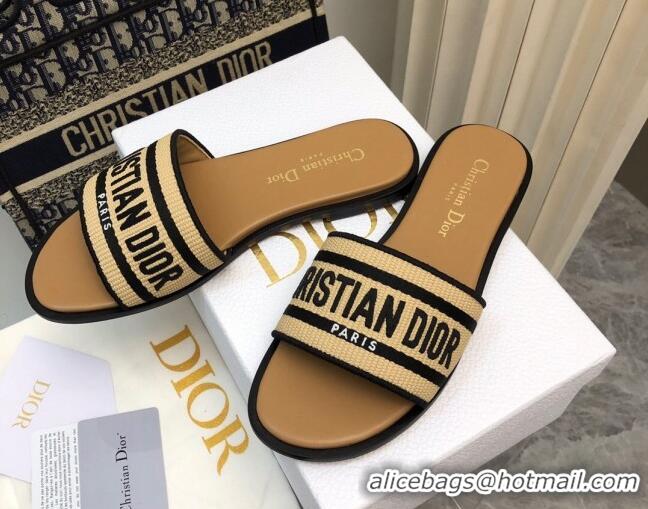 Unique Style Dior Dioriviera Dway Flat Slides Sandal in Raffia Straw and Embroidered Cotton Black 702039