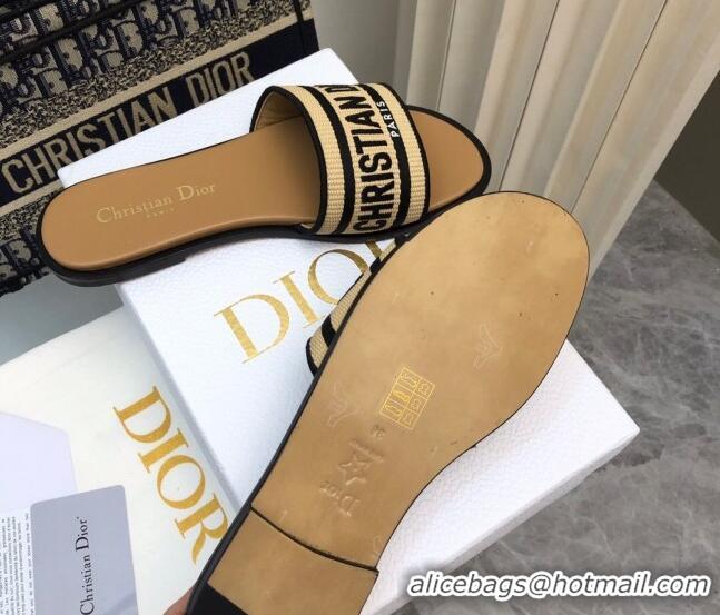 Unique Style Dior Dioriviera Dway Flat Slides Sandal in Raffia Straw and Embroidered Cotton Black 702039