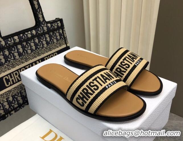 Unique Style Dior Dioriviera Dway Flat Slides Sandal in Raffia Straw and Embroidered Cotton Black 702039