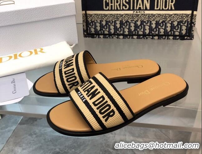 Unique Style Dior Dioriviera Dway Flat Slides Sandal in Raffia Straw and Embroidered Cotton Black 702039