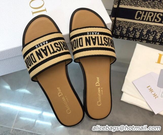 Unique Style Dior Dioriviera Dway Flat Slides Sandal in Raffia Straw and Embroidered Cotton Black 702039