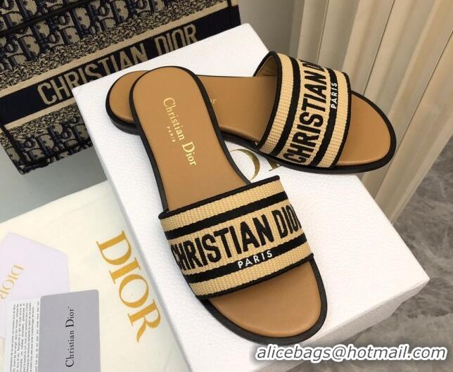 Unique Style Dior Dioriviera Dway Flat Slides Sandal in Raffia Straw and Embroidered Cotton Black 702039