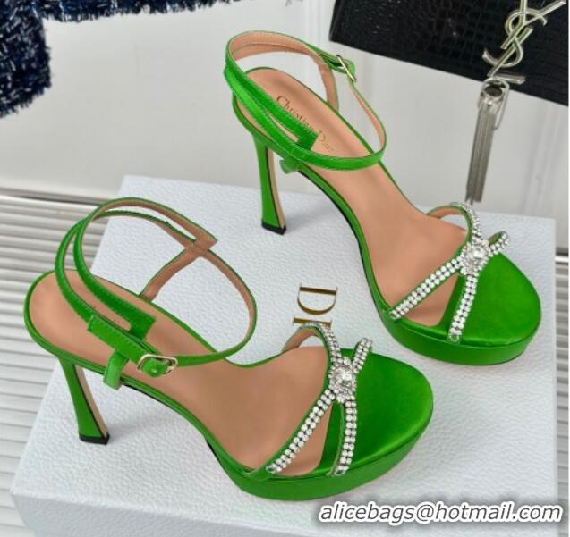 Hot Style Dior Sunset Heeled Platform Sandals in Green Satin and Strass 12cm 702042