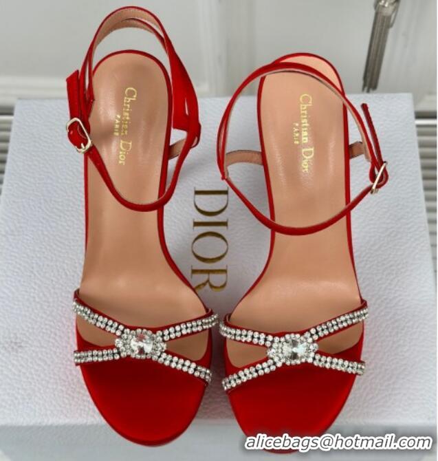 Sumptuous Dior Sunset Heeled Platform Sandals in Red Satin and Strass 12cm 702044