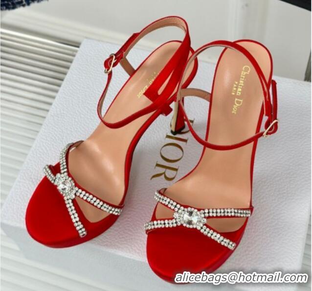 Sumptuous Dior Sunset Heeled Platform Sandals in Red Satin and Strass 12cm 702044