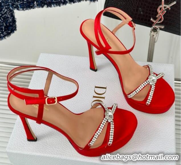 Sumptuous Dior Sunset Heeled Platform Sandals in Red Satin and Strass 12cm 702044