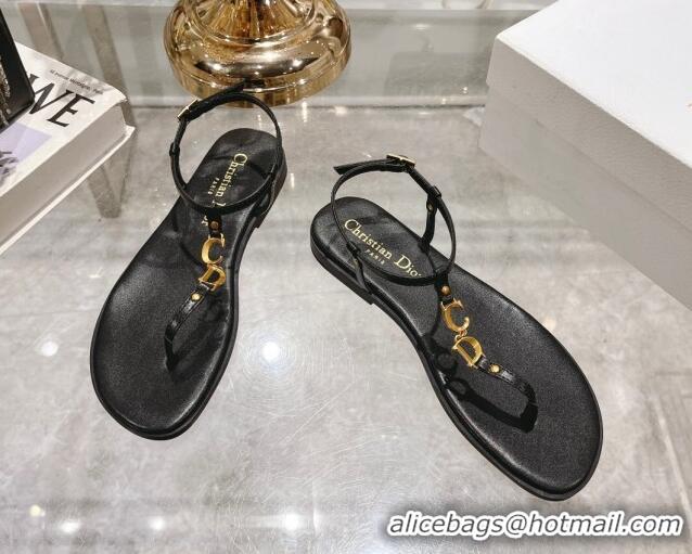 Trendy Design Dior Dioriviera C'est Flat Thong Sandals in Black Calfskin 702053