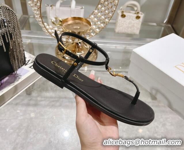 Trendy Design Dior Dioriviera C'est Flat Thong Sandals in Black Calfskin 702053