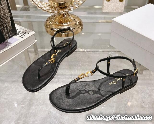 Trendy Design Dior Dioriviera C'est Flat Thong Sandals in Black Calfskin 702053