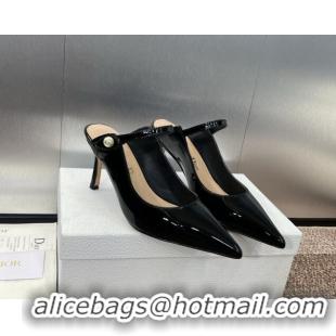 Shop Duplicate Dior Jolie Heeled Mules 7cm in Black Patent Calfskin with Pearls 702058