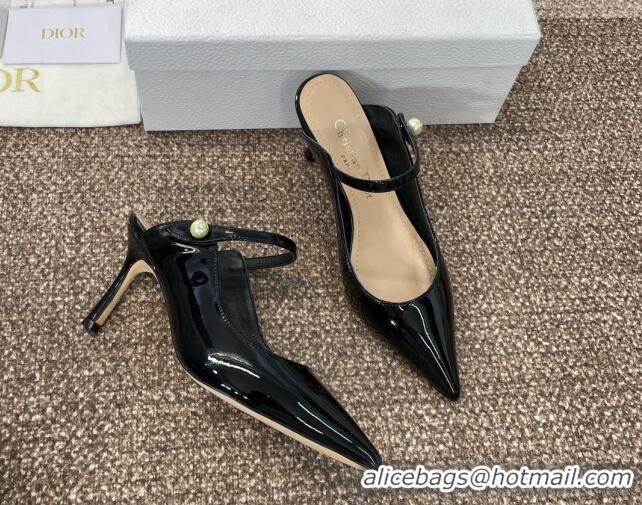 Shop Duplicate Dior Jolie Heeled Mules 7cm in Black Patent Calfskin with Pearls 702058