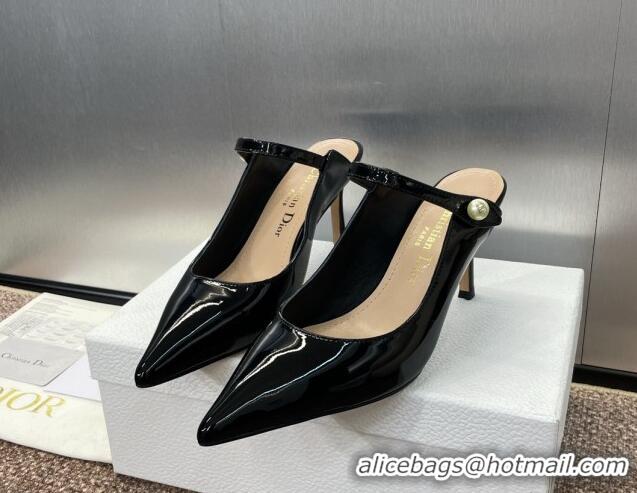 Shop Duplicate Dior Jolie Heeled Mules 7cm in Black Patent Calfskin with Pearls 702058