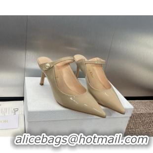 Stylish Dior Jolie Heeled Mules 7cm in Beige Patent Calfskin with Pearls 702059