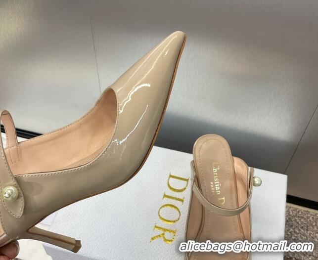 Stylish Dior Jolie Heeled Mules 7cm in Beige Patent Calfskin with Pearls 702059